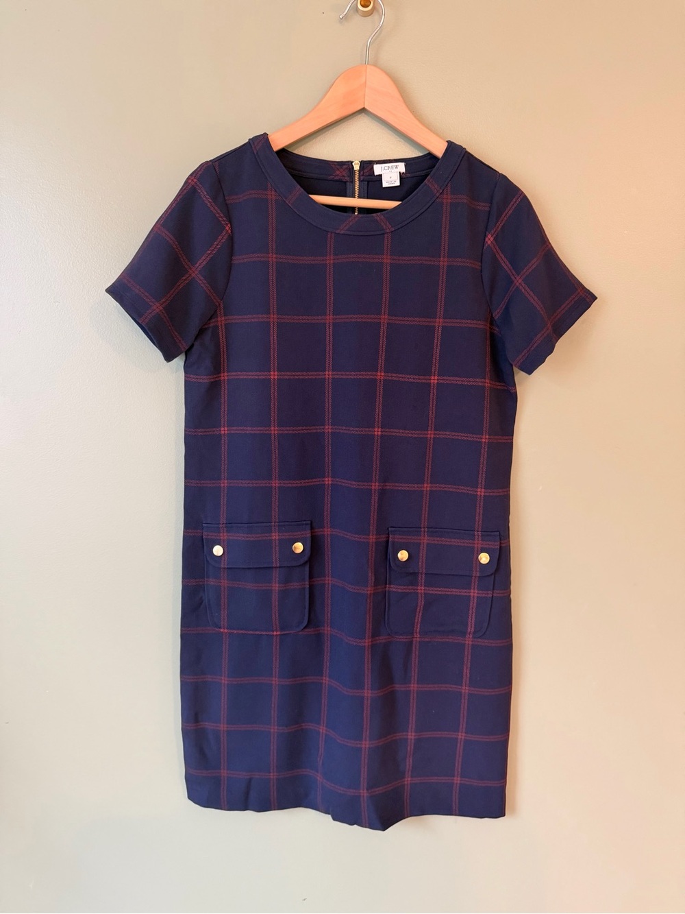 J. Crew Navy and Red Plaid Short Sleeve Shift Dress